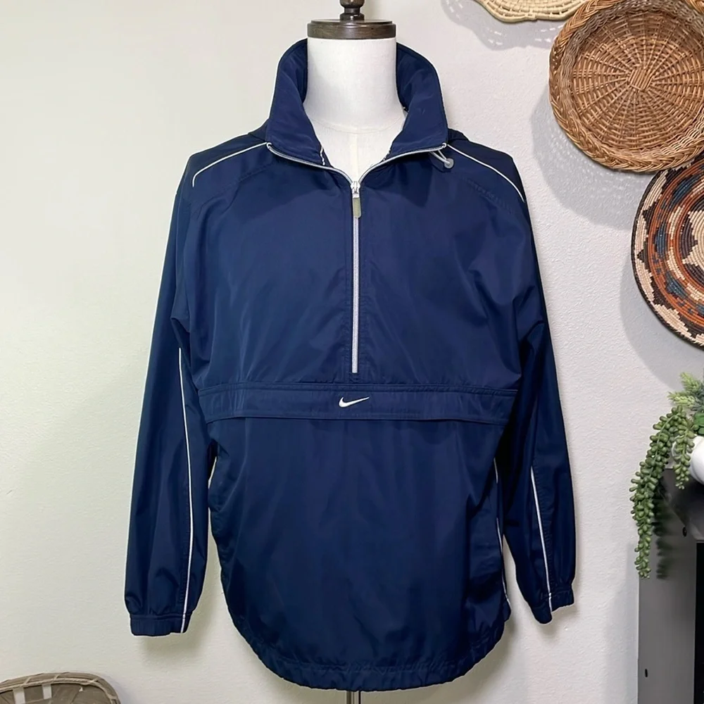 Nike Swoosh Hidden Hood Pullover Anorak Windbreaker Jacket Mens Medium Blue
